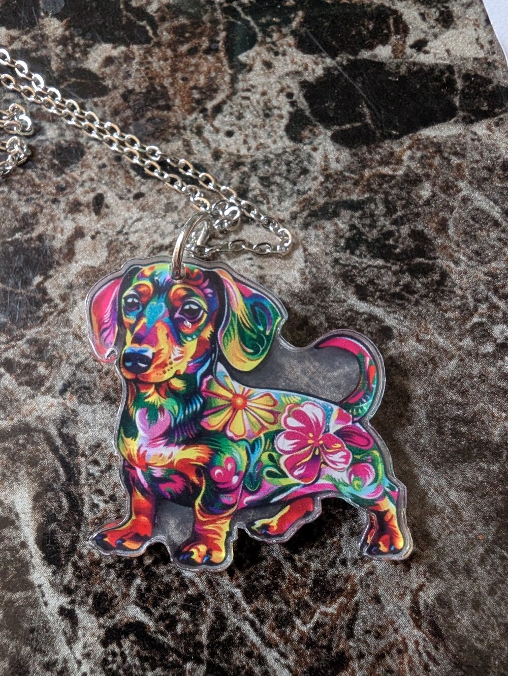 Multicolor Mosaic Floral Dachshund Pendant Necklace NWOT - Picture 2 of 3